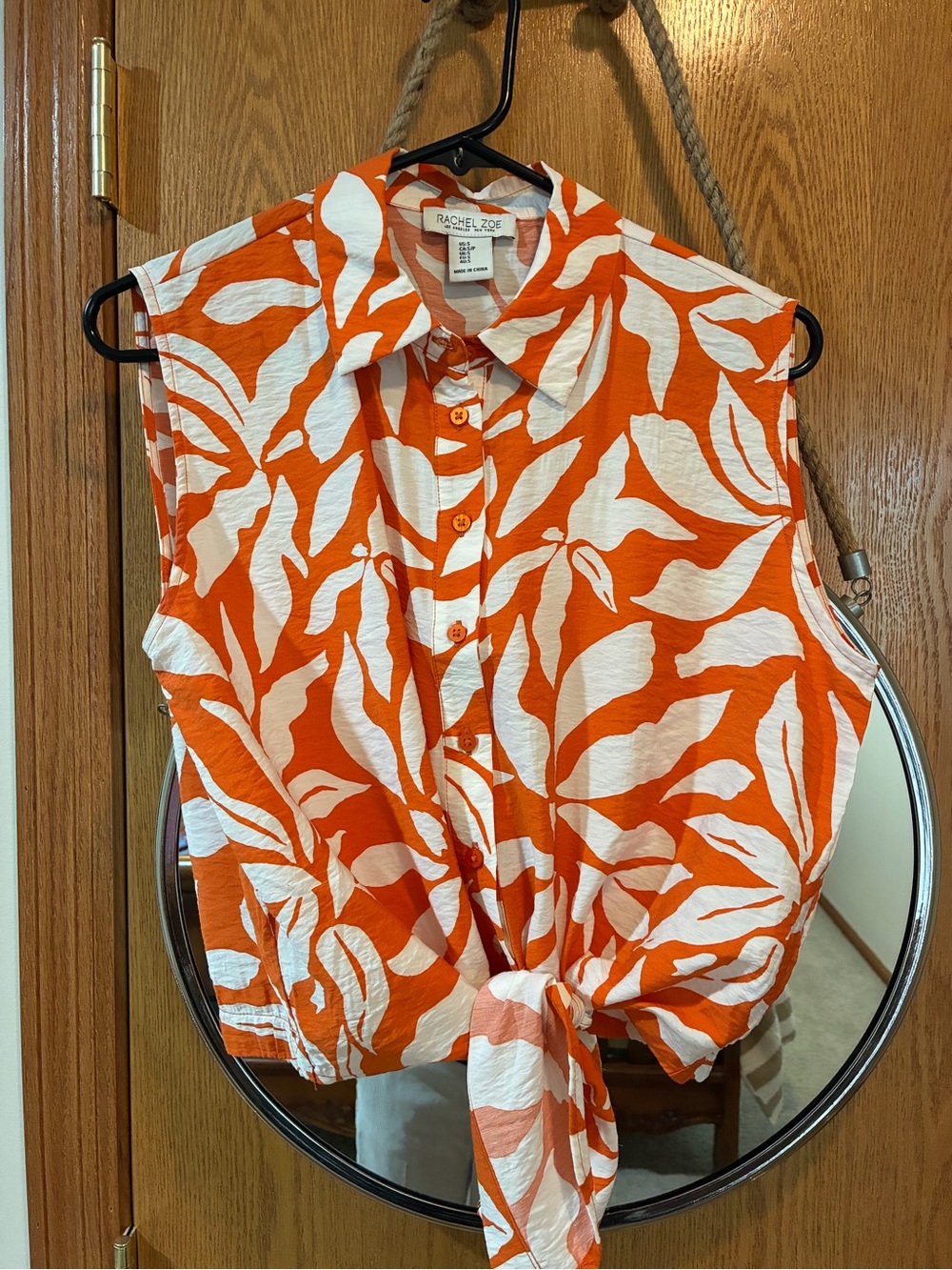 Rachel Zoe Orange & White Tie-Front Sleeveless Button-Up Top